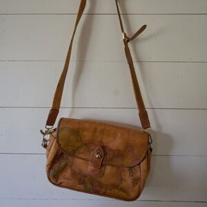 Alviero Martini  Classe Vintage Map Print Leather Shoulder Bag Y2K Italy